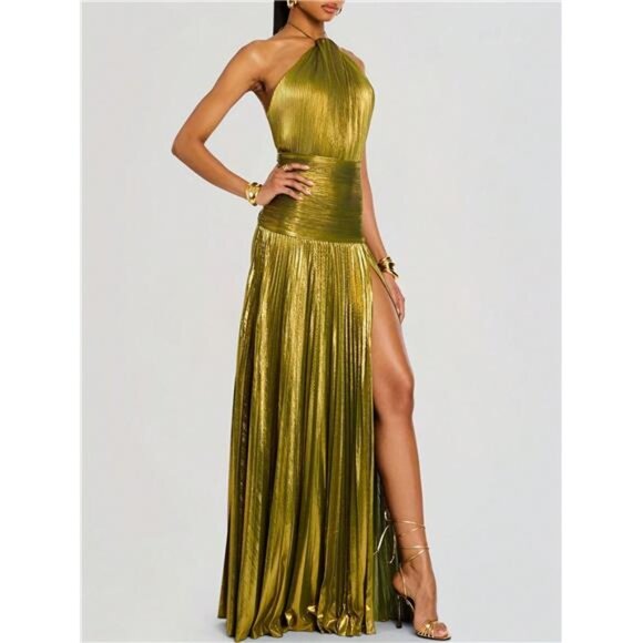 Metallic Pleated Maxi Gown -Glitter Green Halter Neck Slit Maxi - Picture 2 of 7